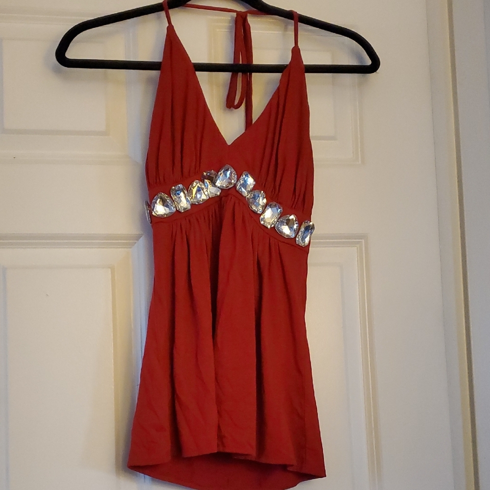 Red Halter Top with Silver Accents